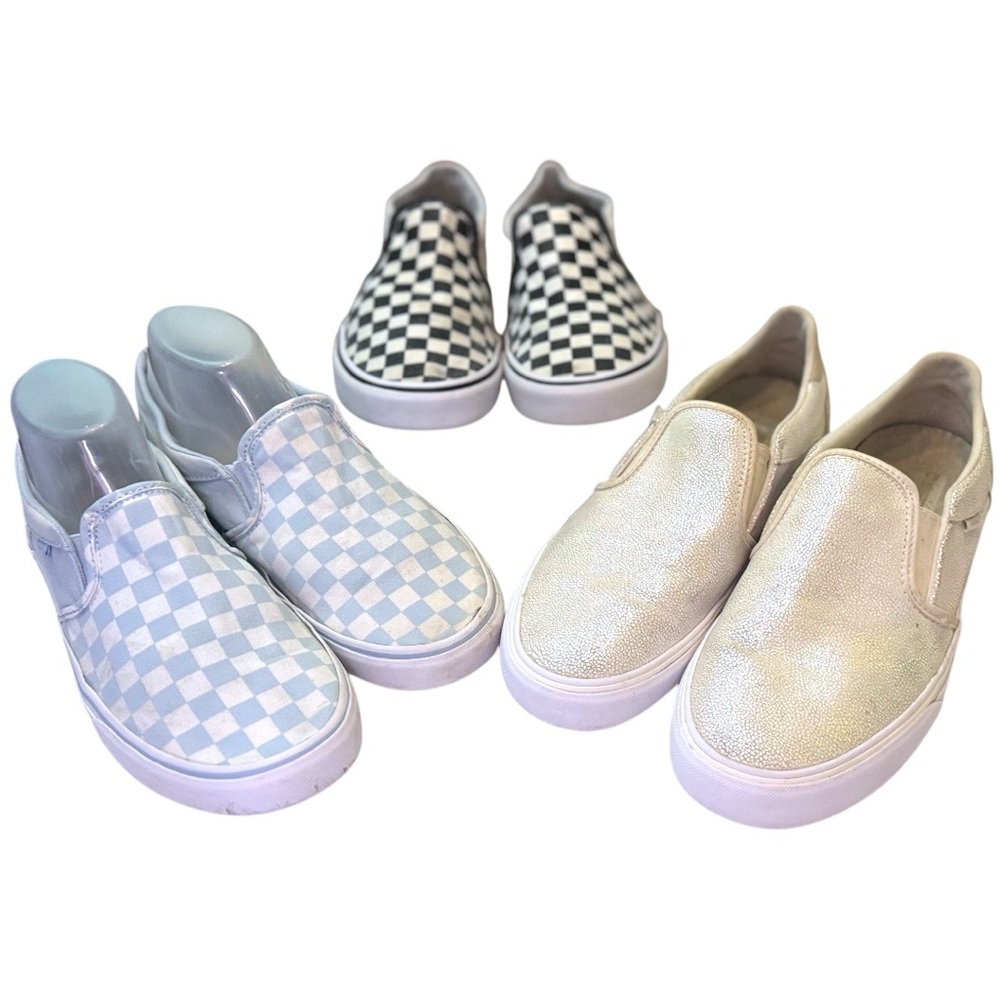 Women’s Vans Asher Slip On Shoe Lot - Black Blue Checkered & Pearl Size 10-11 - Picture 2 of 16